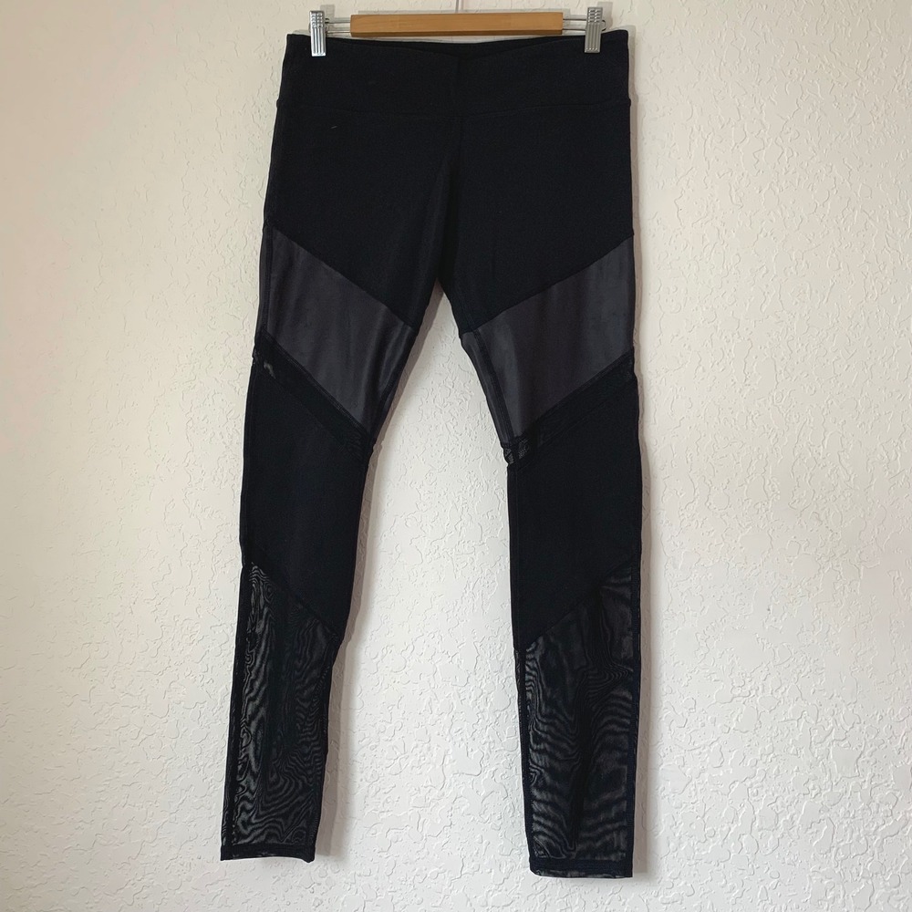 Alo Yoga Coast Leggings L Black Mesh Glossy Panel Athleisure Edgy Gym Yoga